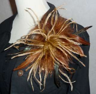 Ostrich Marabou Layered Feather Brooch Pin Hair Clip  