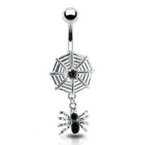  Black Gem Spider Belly Button Navel Ring Dangle with Round Web 