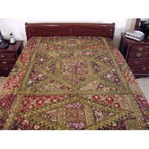  Kundan Sari Khaki Bed Cover Bedding Bedspread Tapestry 