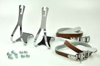 BIKE PEDAL STEEL TOE CLIPS & LEATHER STRAPS Set  Brown  