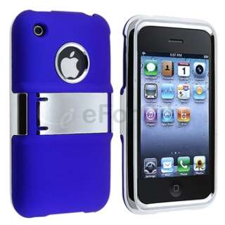   Blue HARD CASE STAND COVER W/CHROME+Screen Protector For iPhone 3G 3GS