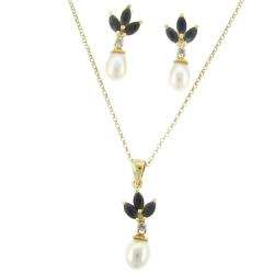 18k Gold over Silver Sapphire, Pearl and Diamond Accent Jewelry Set (5 