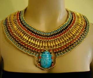 Egyptian beaded Cleopatra Collar Necklace 1 Large Blue Scarab 