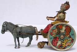   LEHMANN Germany TIN Litho Wind up TOY BALKY MULE w Clown in Cart