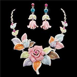 Flower Rose Multi Swarovski Crystal Necklace Earring  