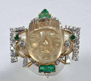 Carved Topaz Mayan Warrior Ring Diamond & Emeralds 18 k  