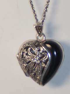   STERLING SILVER OPENWORK ONYX HEART LOCKET NECKLACE WITH 18 INCH CHAIN