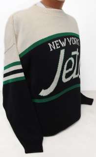 Jets Cream Black Crewneck Sweater with Green Black Stripes ad New York 