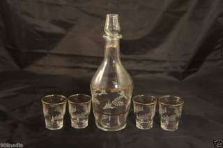 VINTAGE DECANTER AND 4 SHOT GLASSES GOLD RIM ITALY  