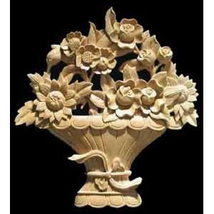 Hand Carved Solid Maple Wood Flower Basket Onlay Large Size, Model 