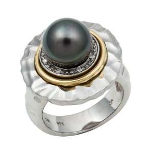   Silver 8 9mm 3/4 Cut Tahitian Black Pearl and Diamond Ring TR 10021 AM
