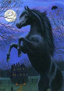 Black horse rearing moon night haunted house limited edition aceo 