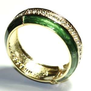 Vintage style Green Enamel Cuff Bangle Bracelet adorned w/ swarovski 