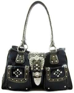 New Woman Faux Patent Leather Western Rhinestone Belt Buckle Tote 