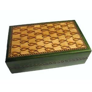 Wooden Box, 5020, Traditional Polish Handcraft, Hinged, Green with 