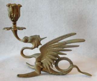 Vintage Winged Brass Dragon Taper Candle Stick Holder  