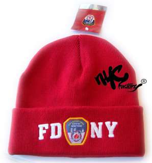 FDNY WINTER HAT RED EMBROIDERED LOGO BADGE BEANIE KNIT CAP OFFICIAL 