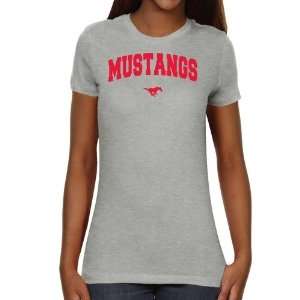  SMU Mustangs Ladies Ash Logo Arch Slim Fit T shirt Sports 