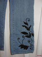   CREEK Blue Stretch Black Embroidery Scroll Boot Cut Leg Jeans 8  