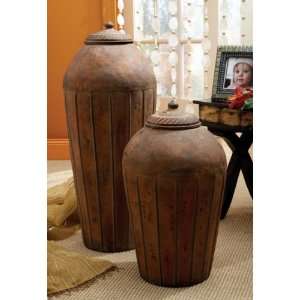  Set of 2 Decorative Rustic Paneled Urn Vases with Lids 