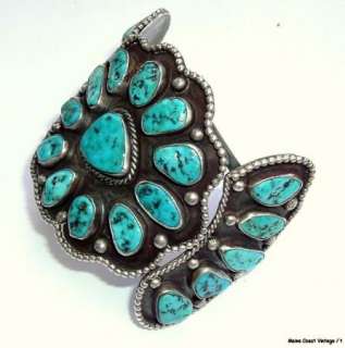 Old Sterling Navajo Turquoise Cluster Bracelet HUGE  
