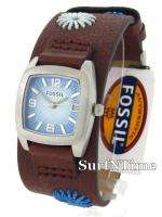 Fossil Lady Vintage Brown Leather Cuff Blue Dial Floral Stitch Watch 