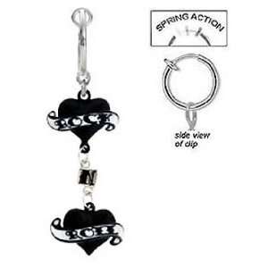 Fake Belly Navel Non Clip on Black Double 2 Heart Rock N Roll Dangle 