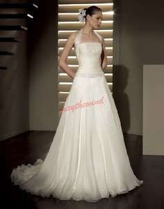 Cheap Organza pleat A line Beaded waist Halter Wedding Dresses Bridal 