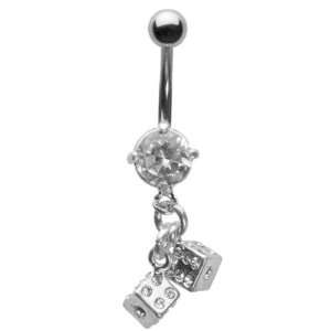   14G 3/8 Clear Gem Curved Barbell with Double Dice Dangle Jewelry