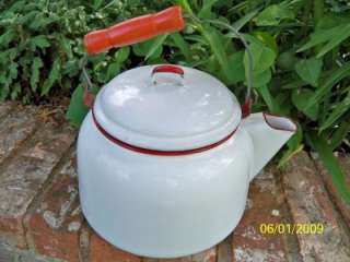 Vintage Retro Red/White Tea pot Kettle Enamel paint Red wood handle 