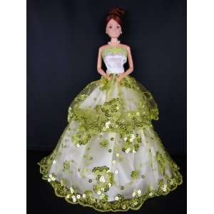  White Ball Gown Covered in Light Green Lace and Sequins 