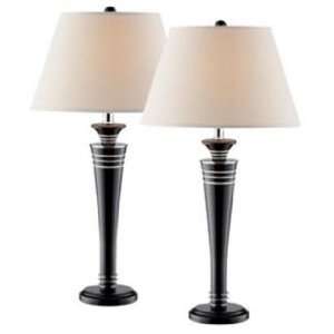   Set of Two Matte Black Wood Linen Shade Table Lamps