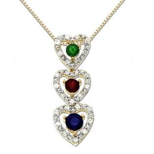 SHOPZEUS 14k Ruby, Emerald, Sapphire and Diamond Triple Heart Pendant