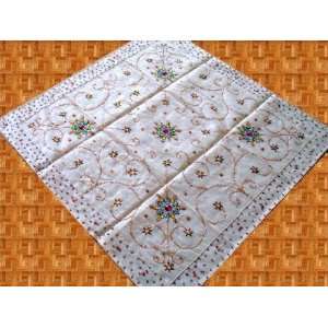   IVORY LARGE SQUARE TISSUE BEADED INDIA TABLECLOTH