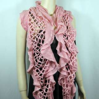 Ruffle & Tassel Fringe Soft Scarf Crochet Knit Pink Neck Wrap NEW 
