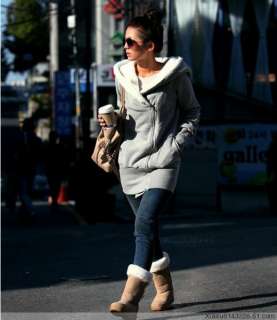 new lady Warm Zip Hoodie Jacket Coat Outerwear Gray w/ faux fur inside 