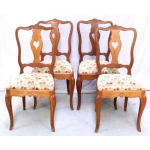 Vintage French Country Heart Shape Set 4 Oak Chairs 