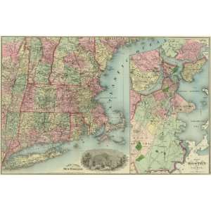   1895 Antique Map of Lower New England & Boston
