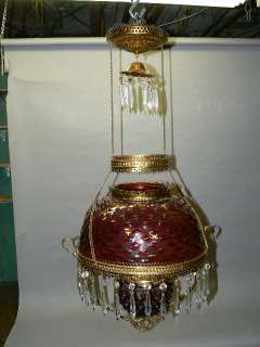 ANTIQUE VICTORIAN HANGING OIL LAMP RUBY GLASS HOBNAIL SHADE AND FONT 