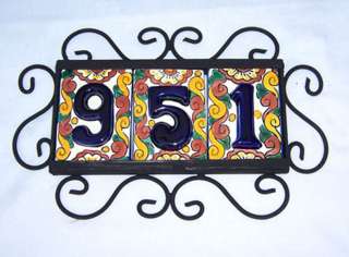 THREE MEXICAN TALAVERA HOUSE NUMBER TILE & IRON FRAME  