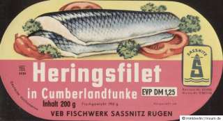 Etikett   Heringsfilet in Cumberlandtunke   VEB Fischwerk Sassnitz 