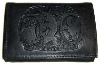 BLACK LEATHER TRIFOLD WALLET EMBOSSED HUNTING MOTIF  