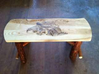   Rustic Log 3ft farm park bench Racoon graphic Amish Made chair in USA