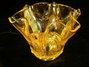 Yellow Depression Glass Fluted Edge Bowl etched flowers C 17  