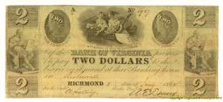 CIVIL WAR BANK OF VIRGINIA $2.00 RICHMOND JAN 1862  