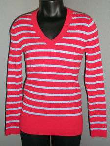 Tommy Hilfiger Women Sweater V Neck Red Blue Stripes  