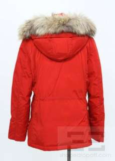 Burberry London Red & Raccoon Fur Trim Hooded Puffer Coat Size L 