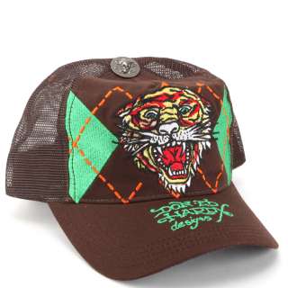Ed Hardy Brown Argyle Tiger Embroidered Mesh Cap  