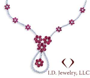 24.40CT Ruby and Diamond Flower Necklace 18K White Gold  