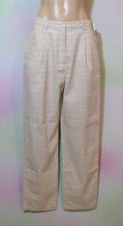    Tan Sz 10 Subtle Plaid Sleek Straight Leg Cotton Linen Pants  